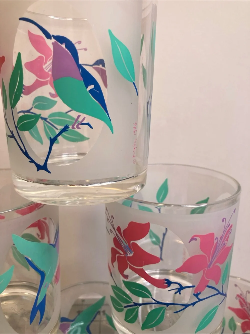 6-Vintage H. J. STOTTER Hummingbirds Floral Acrylic Tumblers Glasses USA MCM